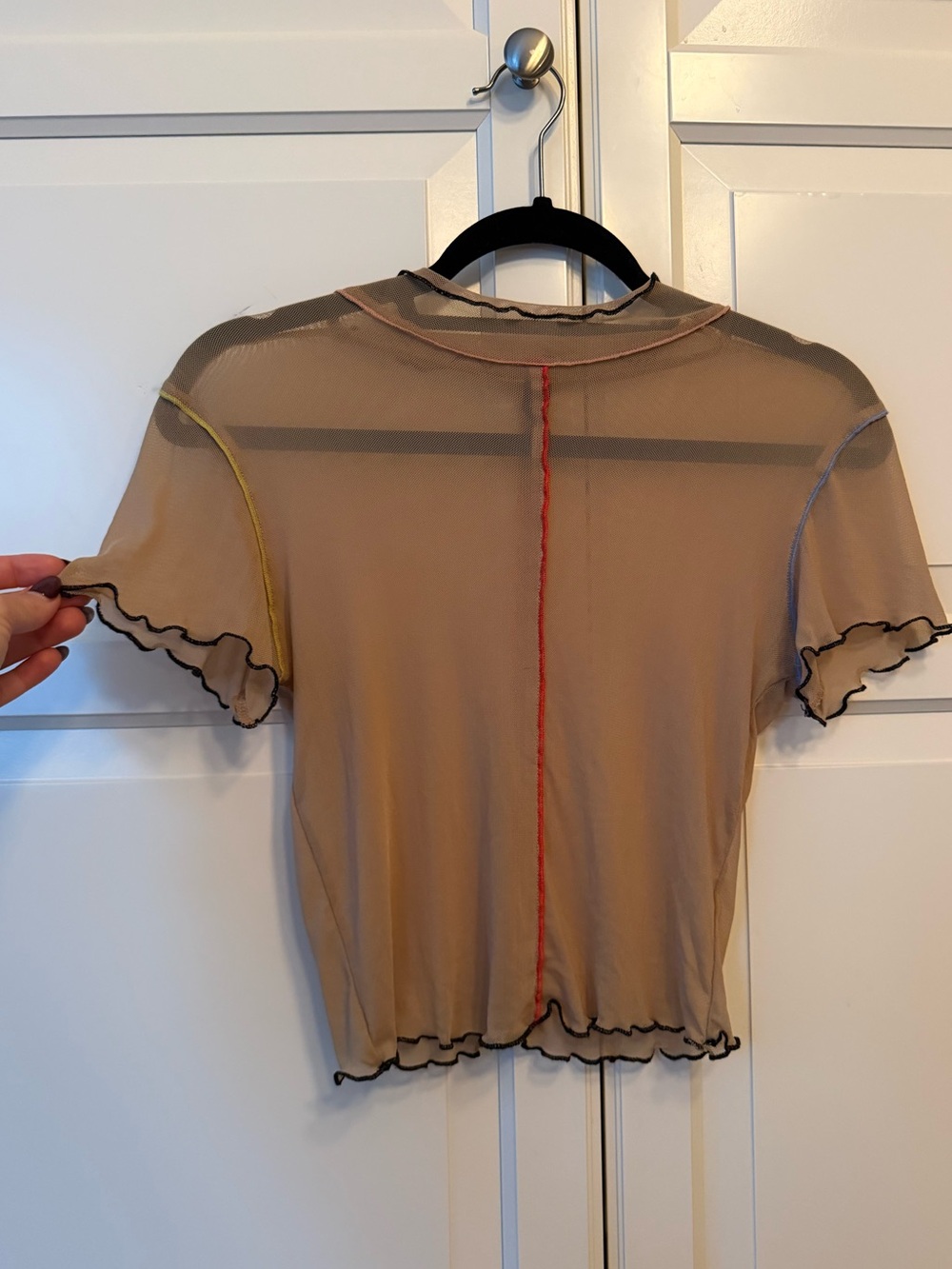 Urban Outfitters Taupe Sheer Mesh Crop Top with Contrast Stitching - size L